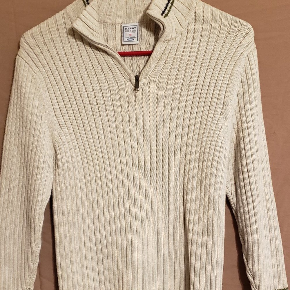 Old Navy Brand, Size Medium, Cream long sleeve sweater w/blue around neck, wrist